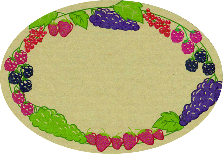 Schmucketikett Oval klein 65x45mm - Naturpapier Selbstklebend Motiv: Beeren  -  Farbe: bunt Packung á 250 Stück auf Rolle  Stück