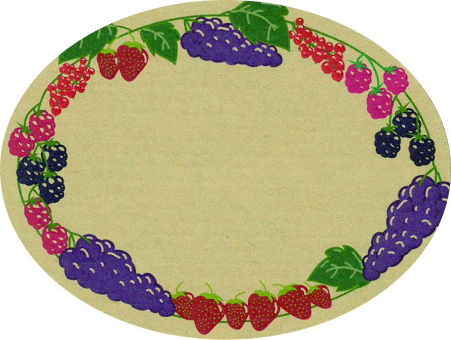 Schmucketikett Oval groß 77x 58mm - Naturpapier Selbstklebend Motiv: Beeren  -  Farbe: bunt Packung á 250 Stück auf Rolle  Stück