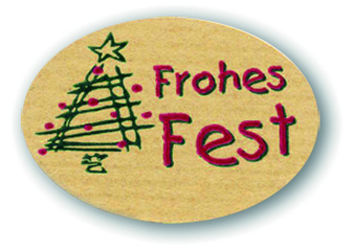 Schmucketikett Frohes Fest 46x 32mm - Naturpapier Selbstklebend Farbe: rot/grün Packung á 250 Stück auf Rolle  Stück