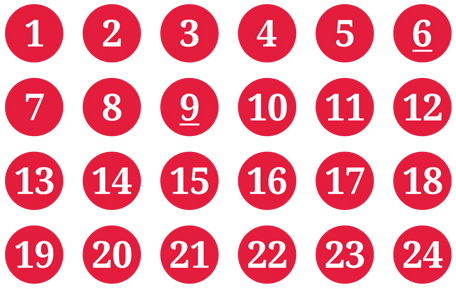 Schmucketikett Adventskalender rot/weiß - Bogen mit Ziffer 1-24 - Durchmesser: 15mm 