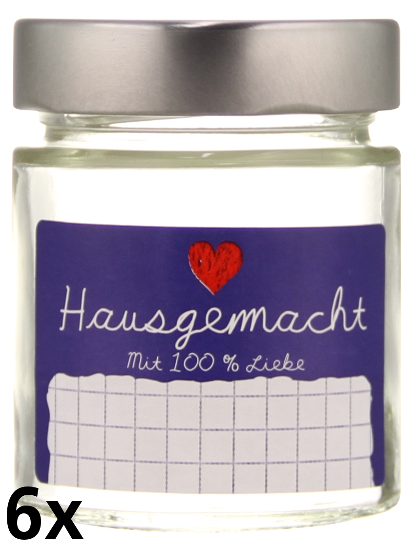 6er Folienpack - Weithalsglas Vaso Plus 156 ml weiß inkl. TO58 Deep silber und Etikett "Hausgemacht" in blau (65x40 mm)  Stück