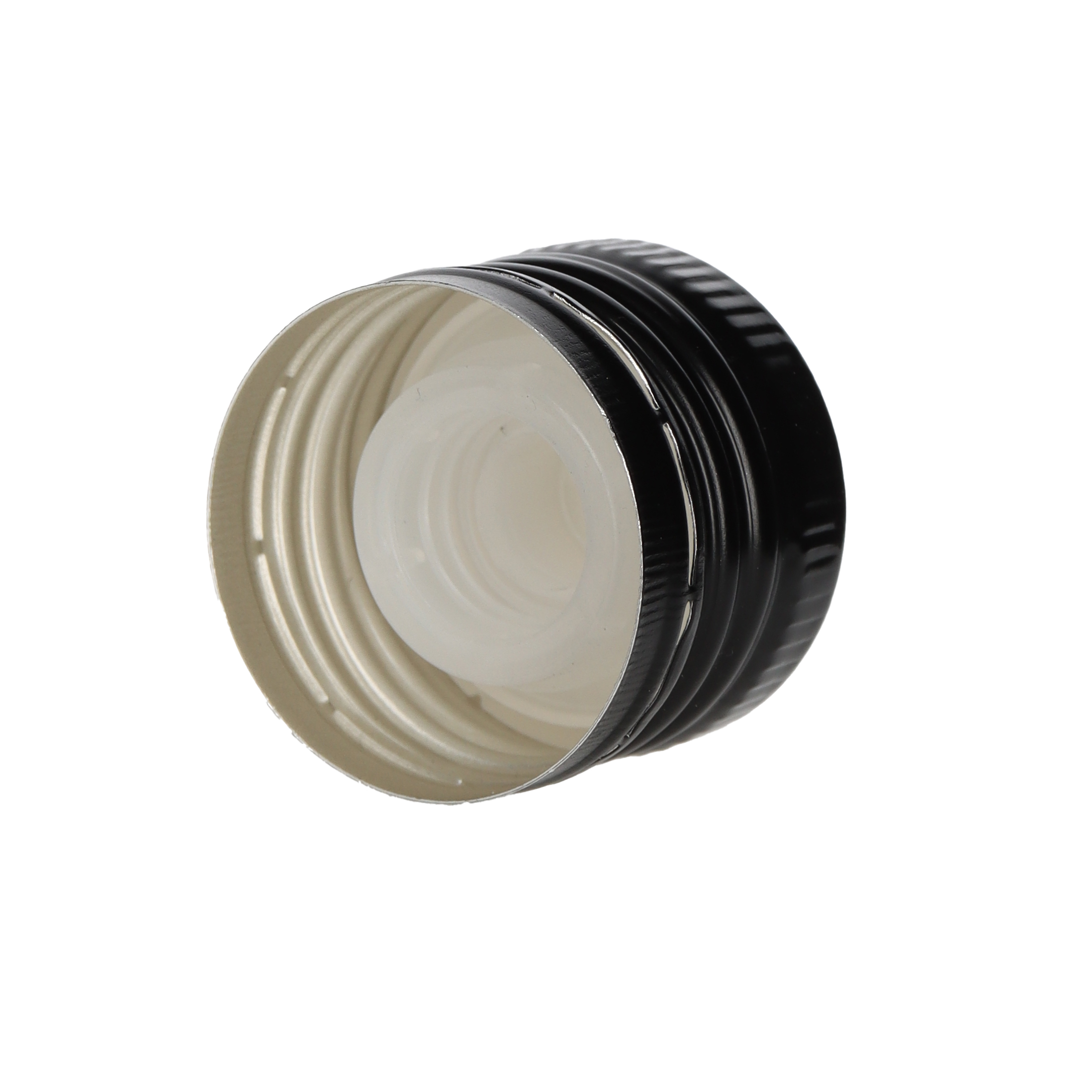 Schraubverschluss Alu mit Ausgießer PP31,5/24 schwarz vorgerollt mit Sicherungsring  Beutel à 100 Stück