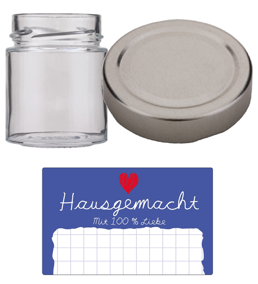 6er Folienpack - Weithalsglas Vaso Plus 156 ml weiß inkl. TO58 Deep silber und Etikett "Hausgemacht" in blau (65x40 mm)  Stück
